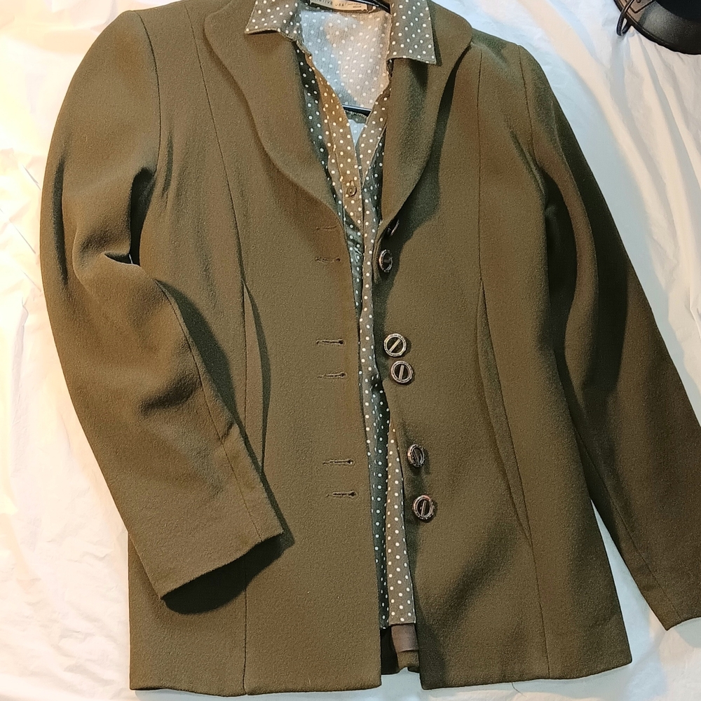 Retro Olive Women's Jacket & Matching Olive Polka Dot Olive Button-Down Shirt - Picture 1 of 8